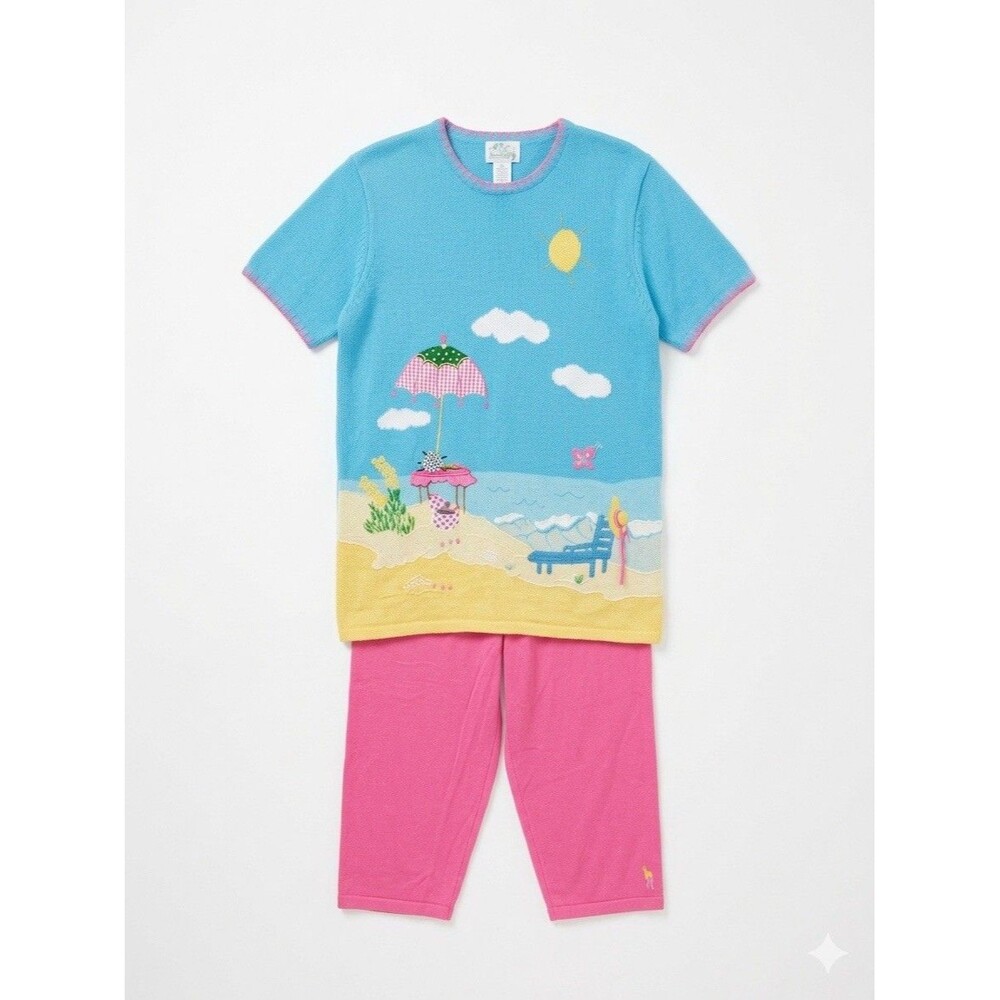 Quacker Factory Vintage Beach Sweater Set L Pink Capris Blue Short Sleeve Knit